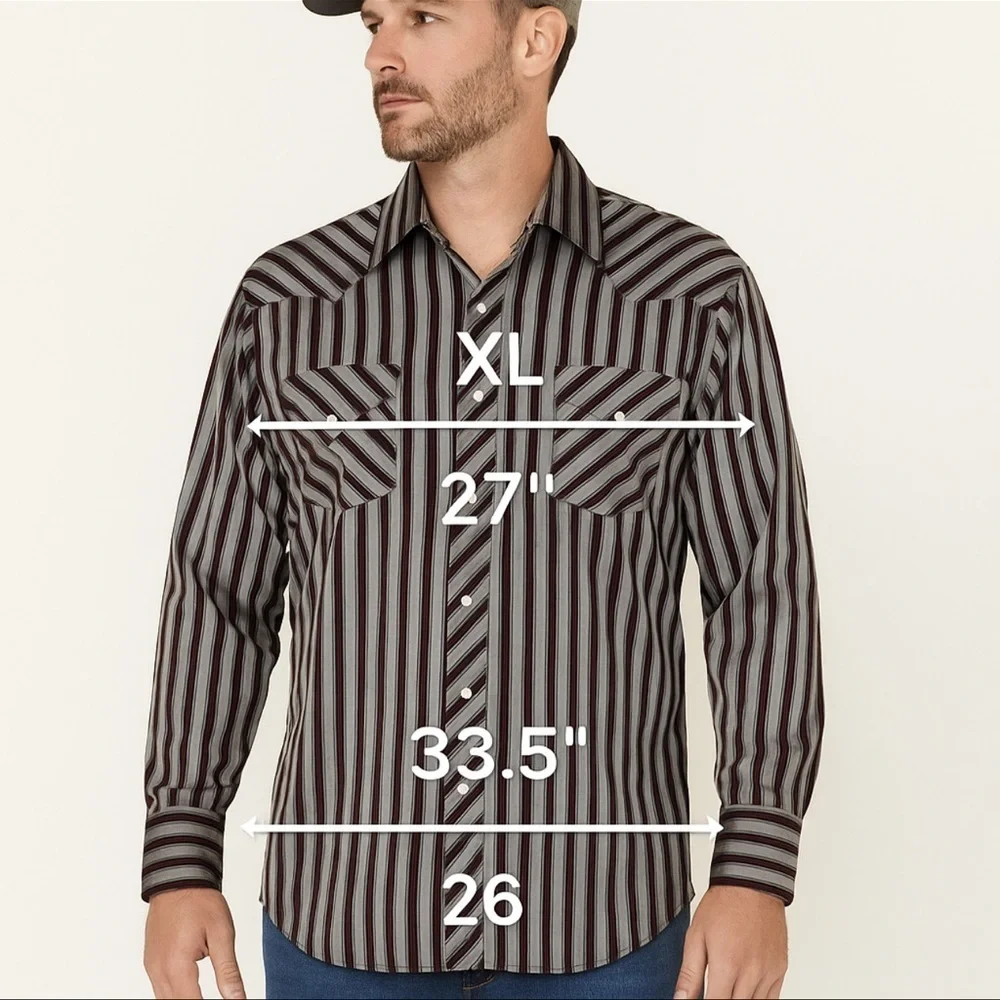 Ely Cattleman Men’s XL Western Snap Shirt Black Gray Burgundy Stripe Cowboy